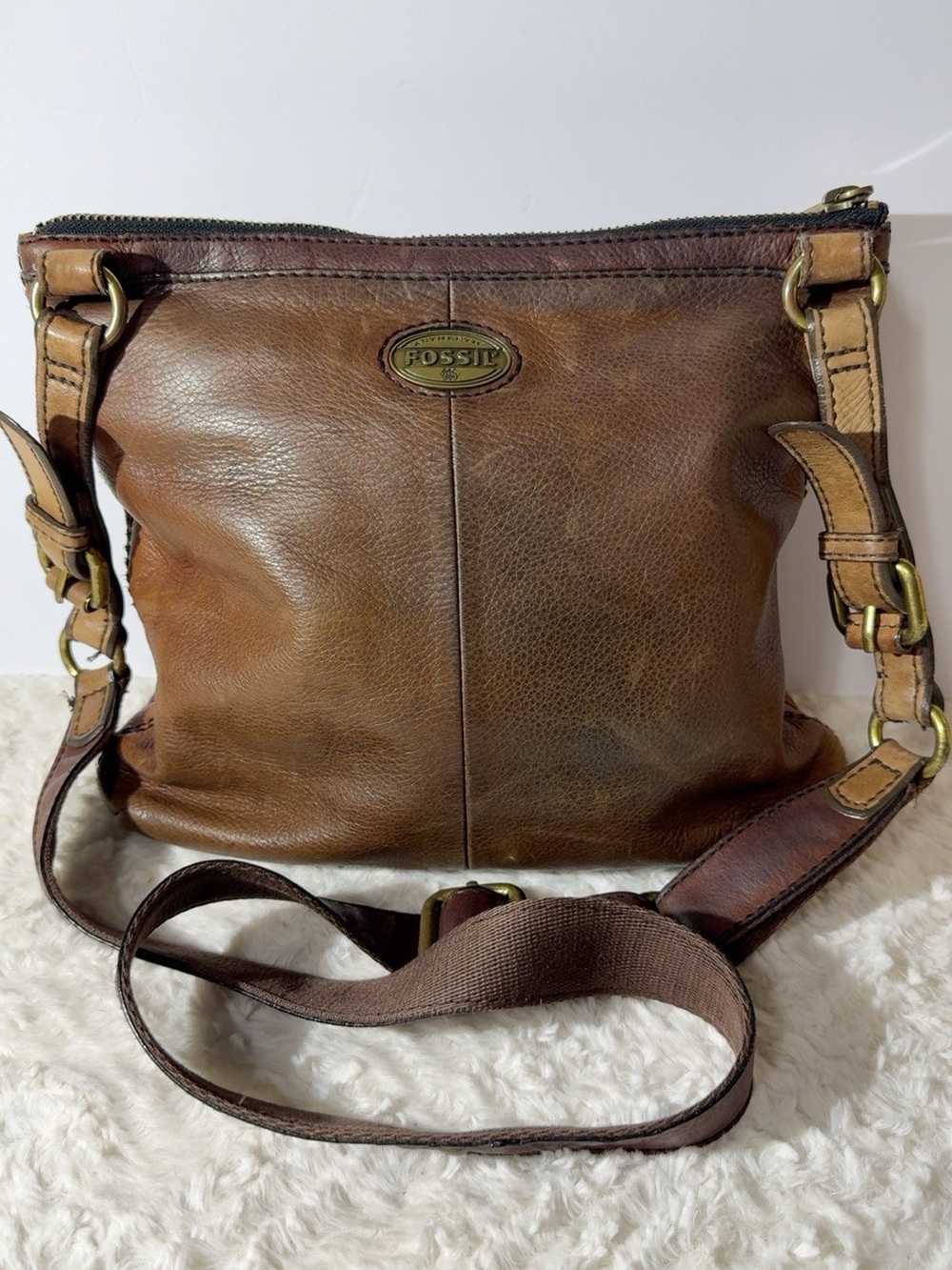 Fossil Chestnut Brown Leather Messenger Crossbody